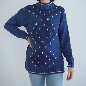 Vintage LizWear Blue White Knit Argyle Mock Neck Sweater Small
